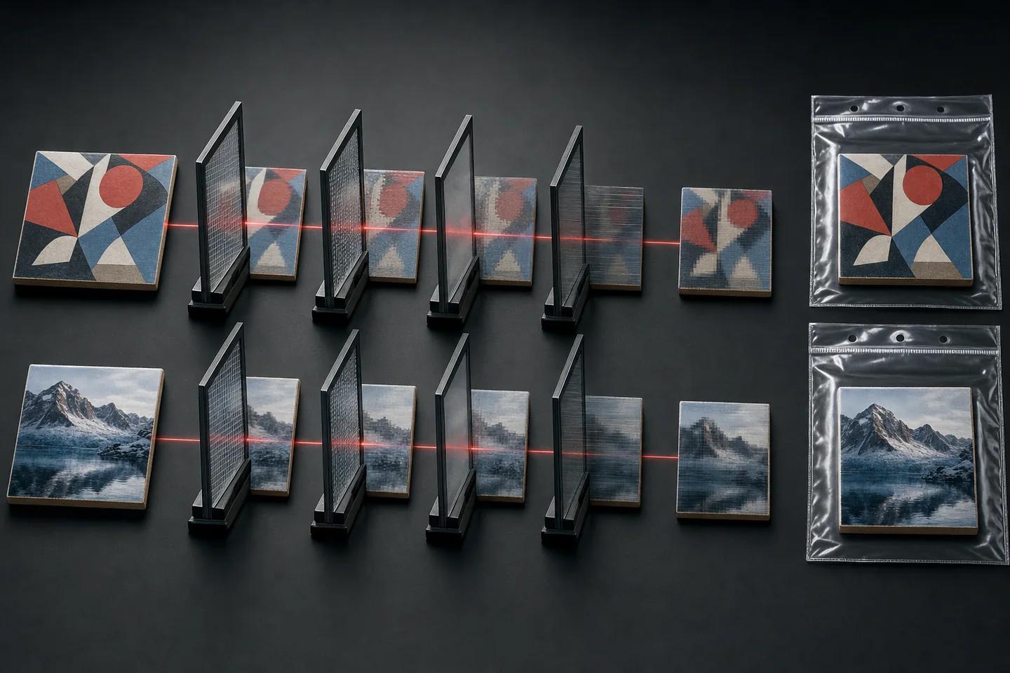 Two rows of image tiles, one abstract and one a mountain photo, pass through a series of glass panes and emerge degraded inside sealed sleeves.
