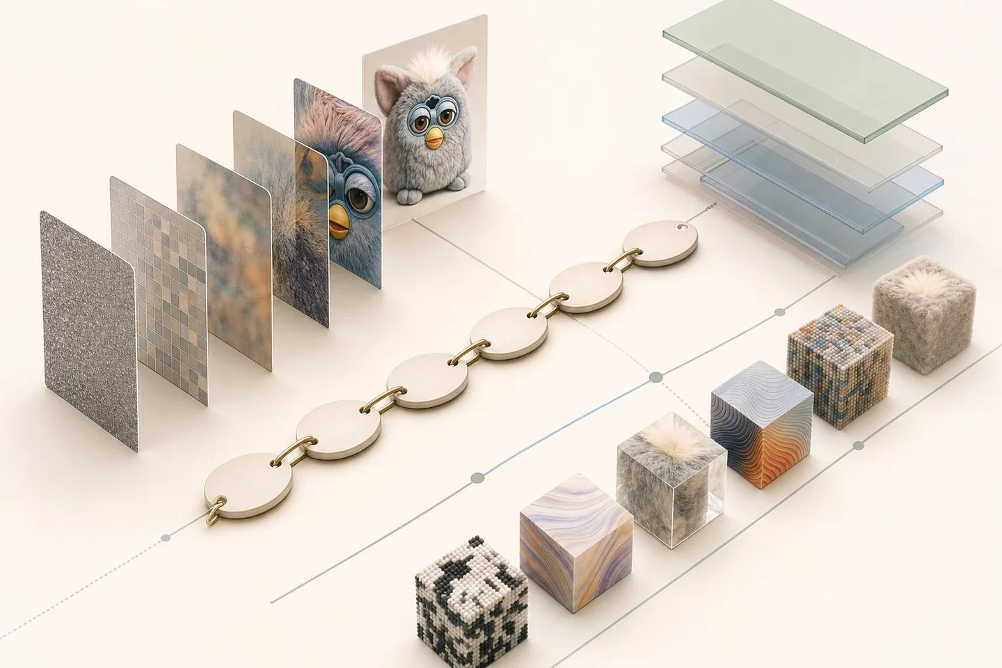 A row of image panels moves from noise to a finished toy portrait beside a chain of tags and textured cubes.