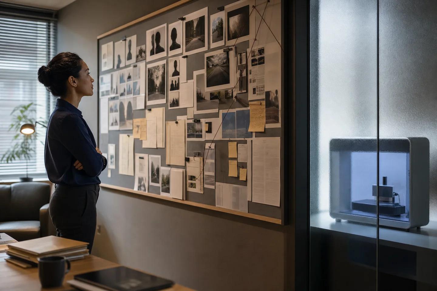 Editorial still life representing a trained analyst reviewing media evidence.
