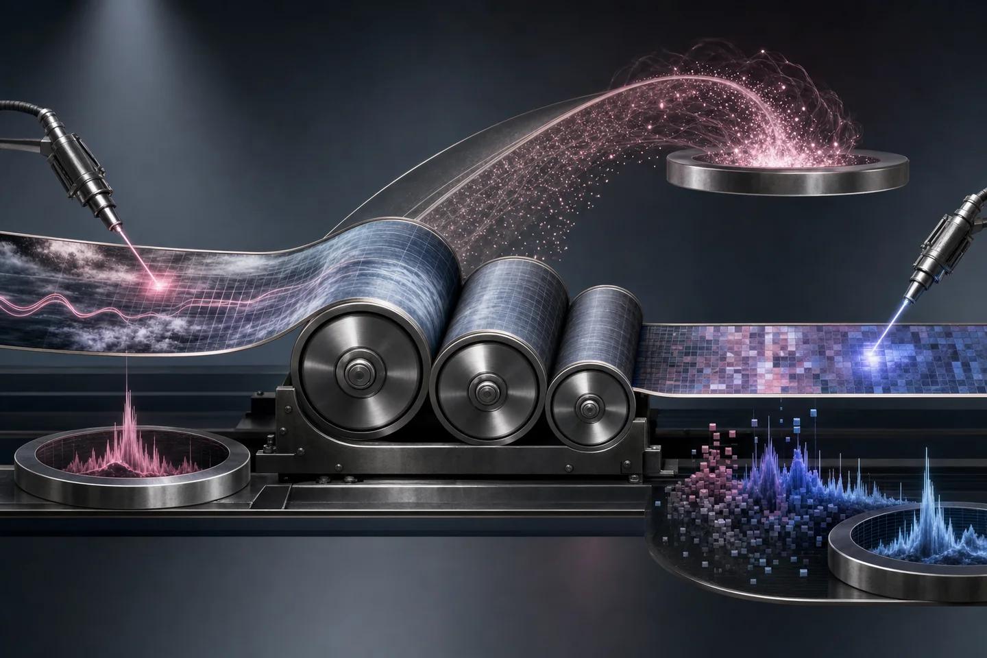 A media ribbon loses fine traces and gains new patterns while passing through compression rollers.