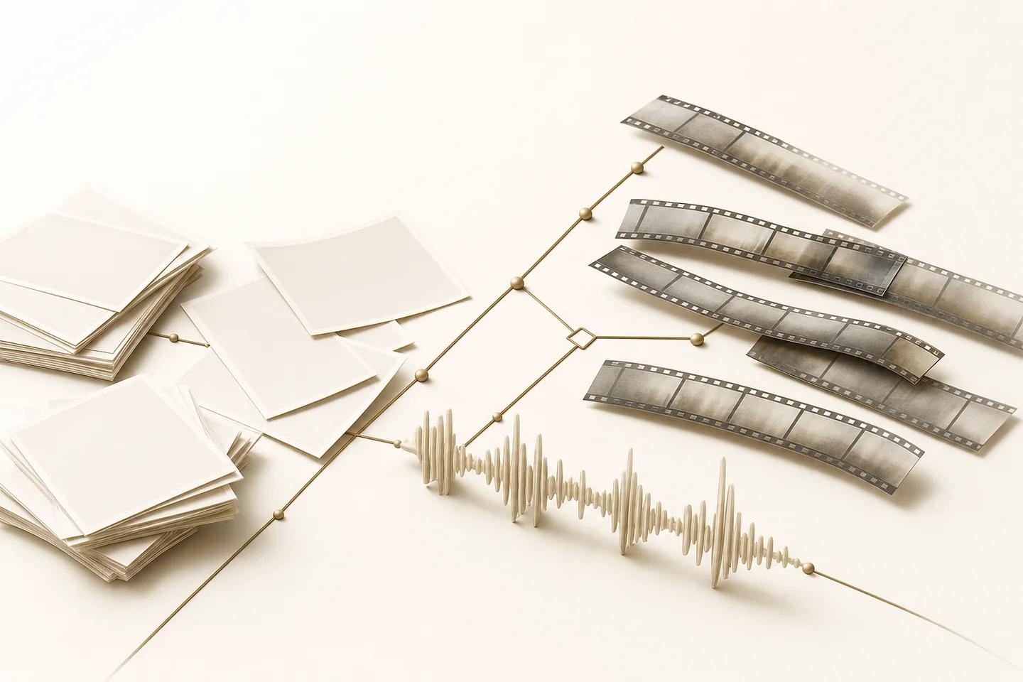 Stacks of blank photo prints on the left connect through a branching line to film strips and an audio waveform on the right.