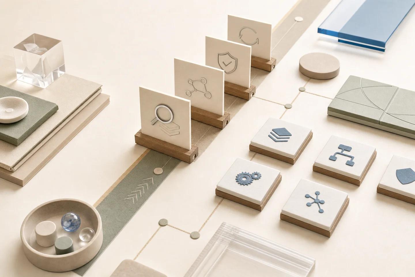 Still life of verification objects on a white surface, used to illustrate a contact centre response strategy for agentic AI.