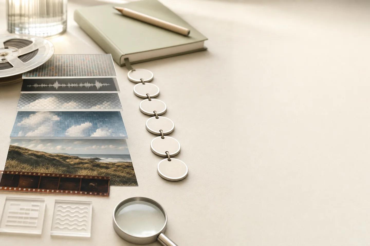 Layered landscape prints, a waveform strip, a chain of round tags, a notebook and a magnifying glass.