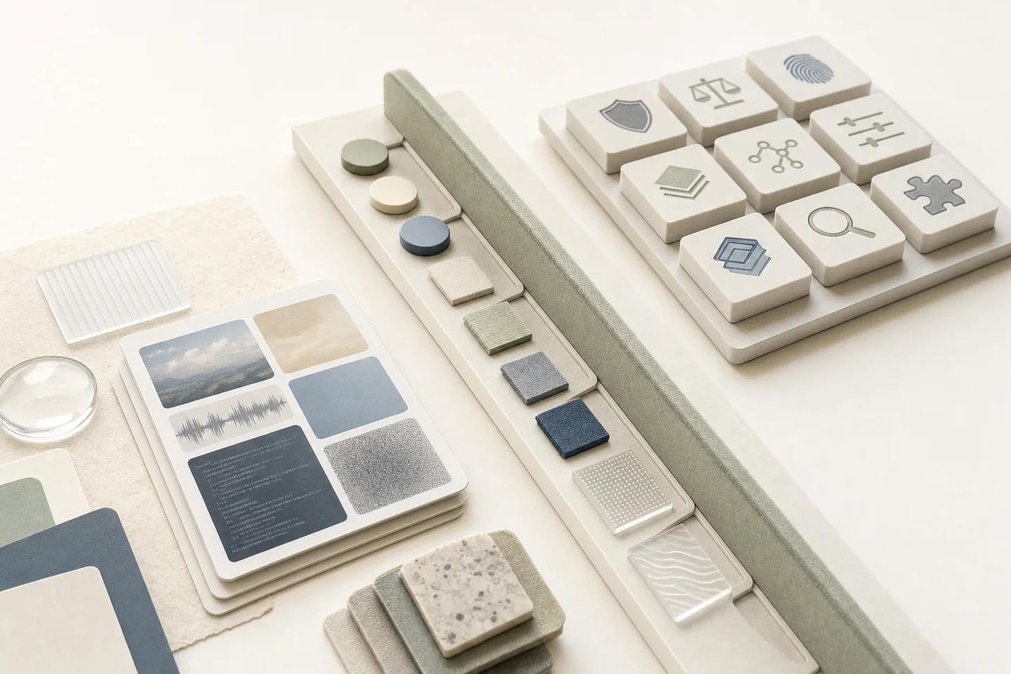 A grid of white keys carrying shield, fingerprint, scale and puzzle icons beside a rail of colour and texture swatches and layered image cards.
