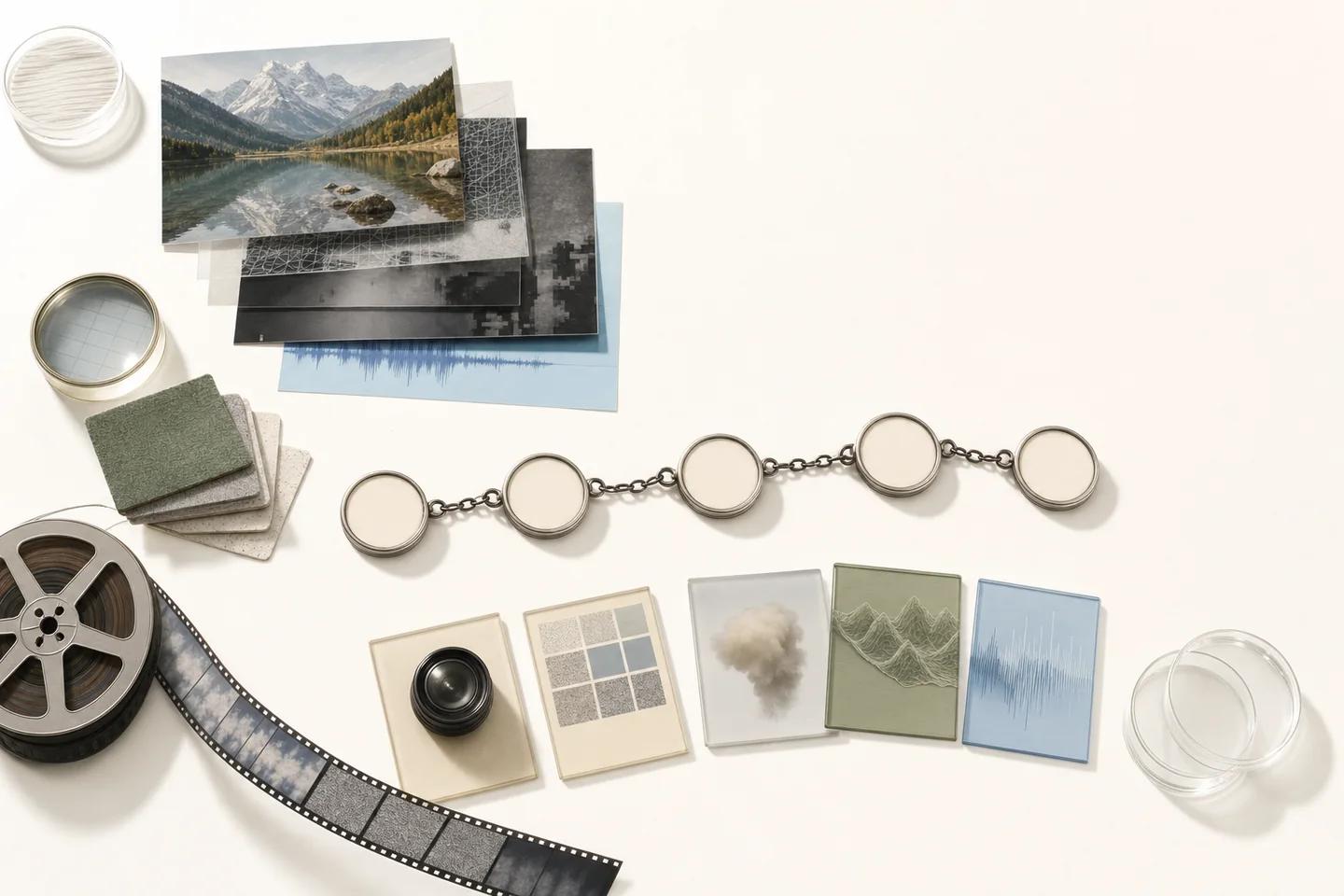 Landscape prints and photo negatives, a film reel, a chain of round frames and a row of small sample cards.