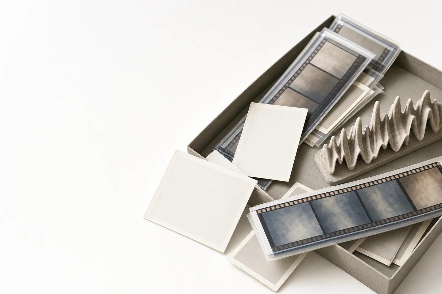Archive box holding film strips in clear sleeves, blank photo prints and a sculpted waveform object on a white surface.