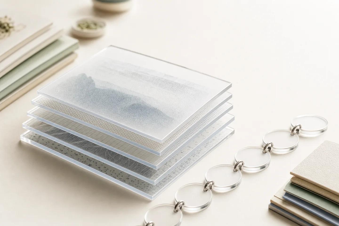 Stacked glass panels with different textures beside a chain of clear discs on a light desk, suggesting layered checks.