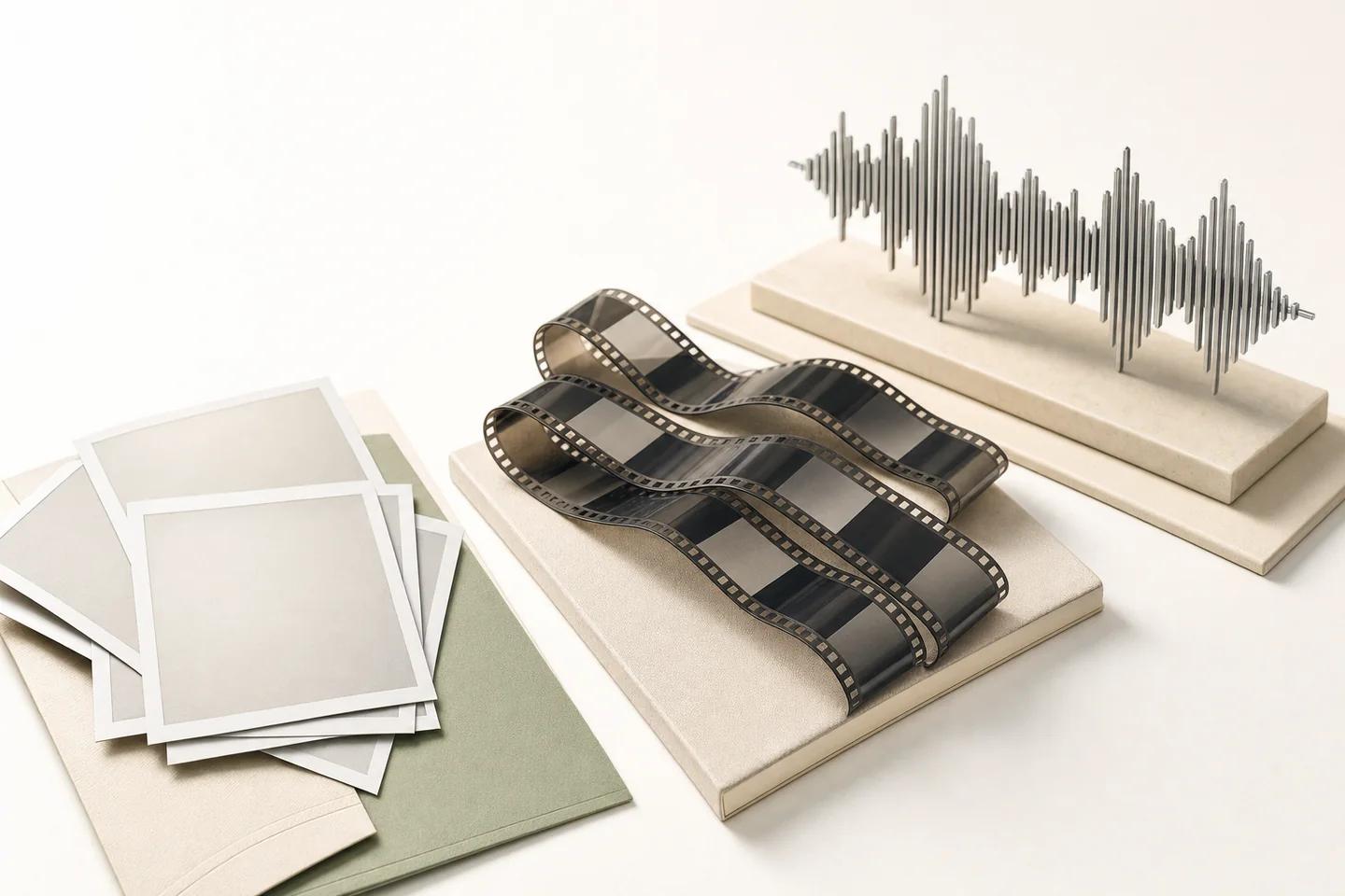 Blank photo prints, a curled film strip and a metal audio waveform sculpture arranged on light boards.