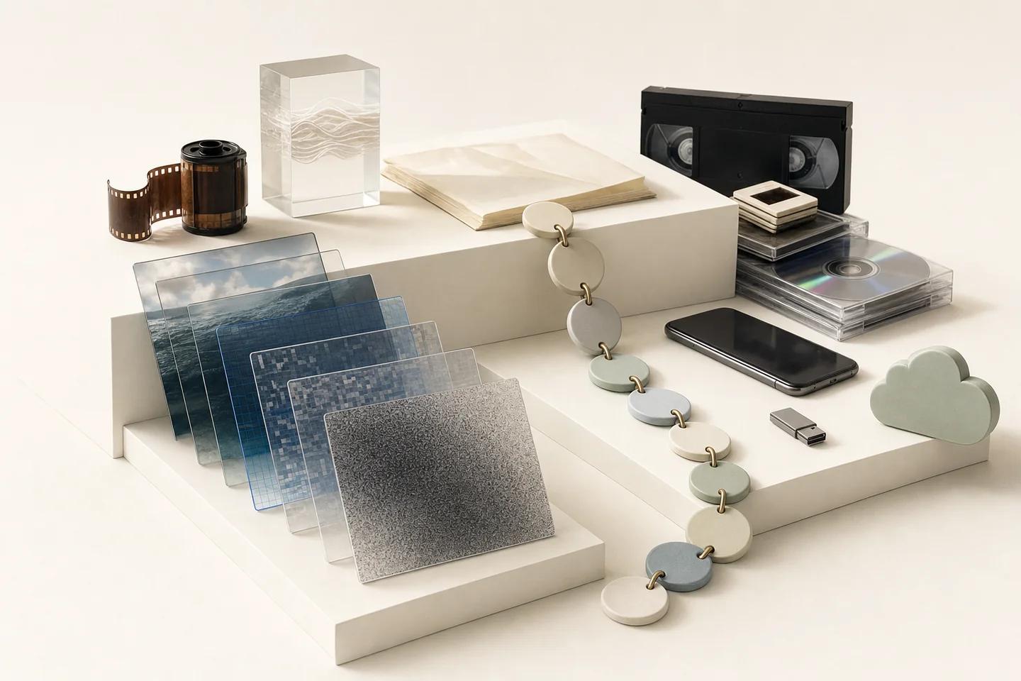 Frosted glass tiles, a cassette tape, a phone and a chain of pastel discs arranged on white steps.