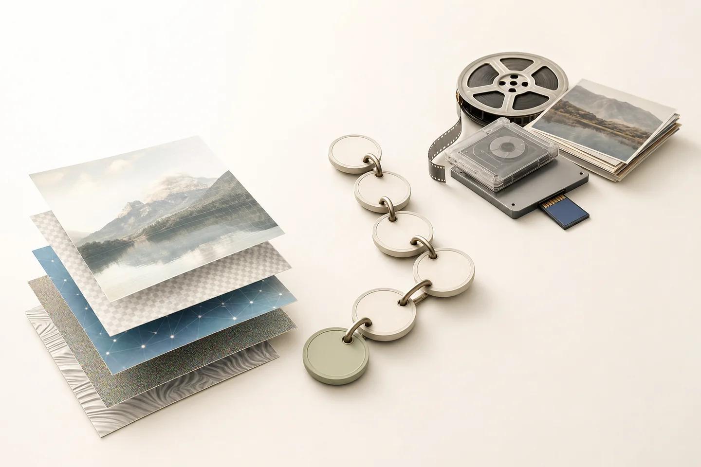Layered landscape prints beside a chain of round tags, a film reel and a memory card.