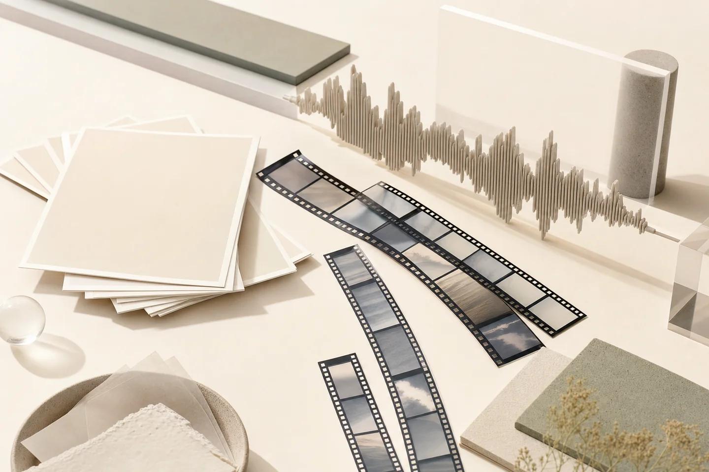 Film strips, a sound waveform sculpture and blank photo cards on a cream surface.