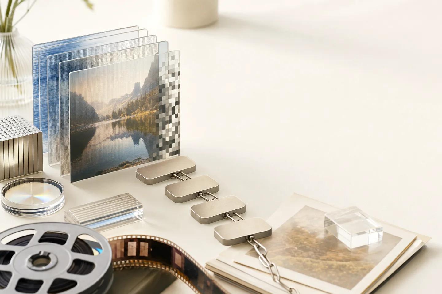A landscape photo behind clear acrylic panels, pixel tiles, a film reel and linked grey blocks.