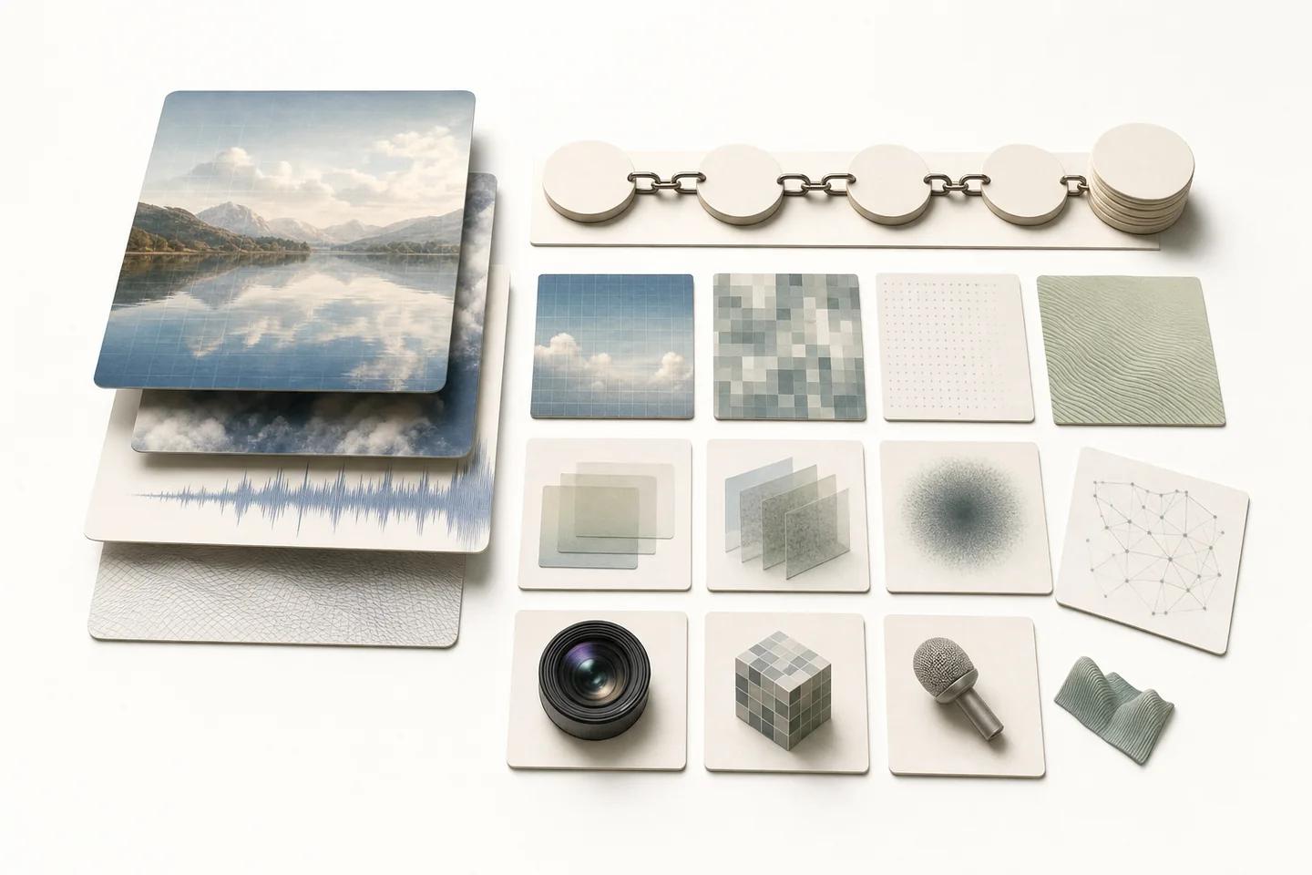 Layered photo cards, an audio waveform strip, pixel grids, a lens, a cube and a microphone arranged as sample tiles.