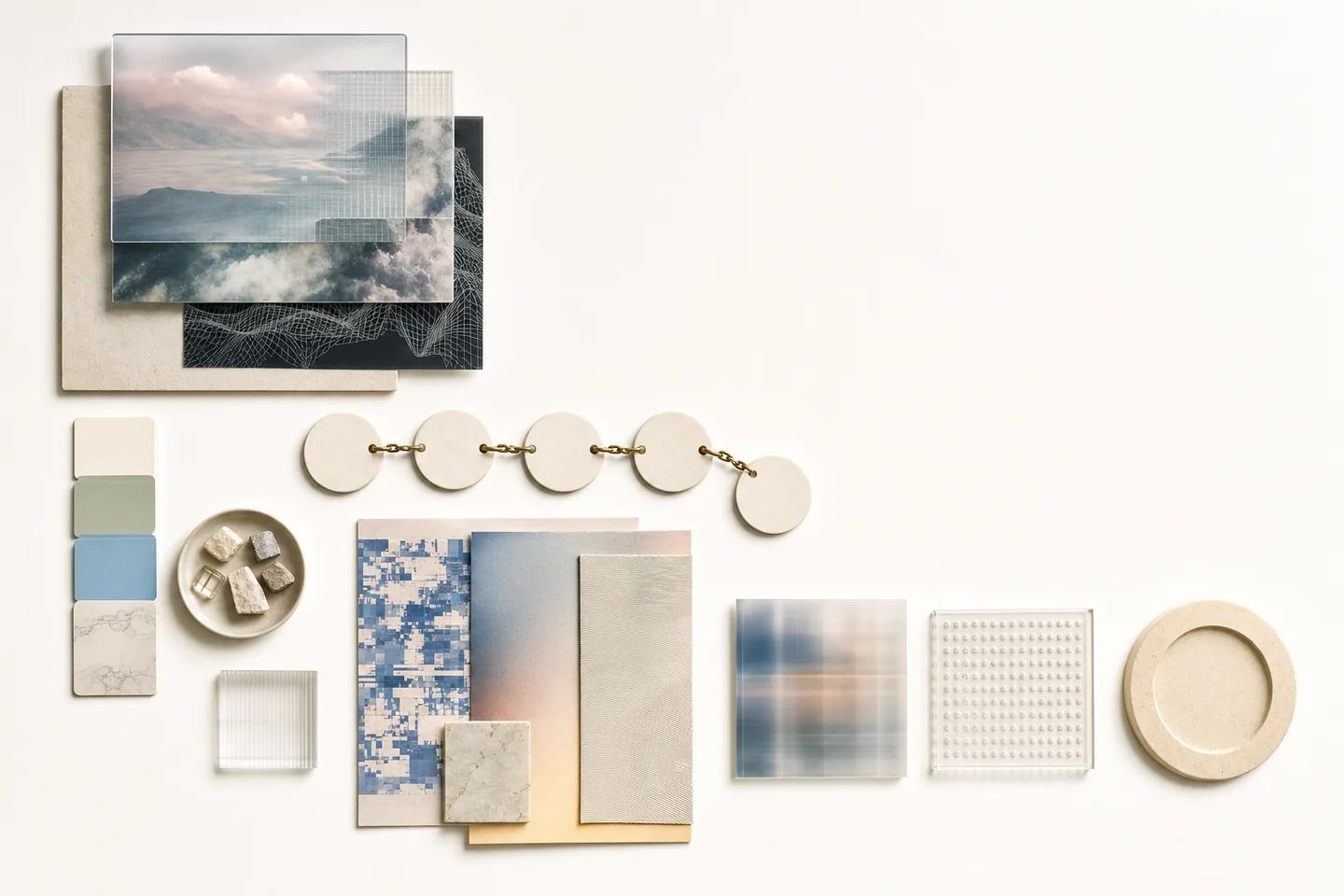 Landscape prints, colour swatches, a chain of round tags, image tiles and a dot-grid panel arranged on white.