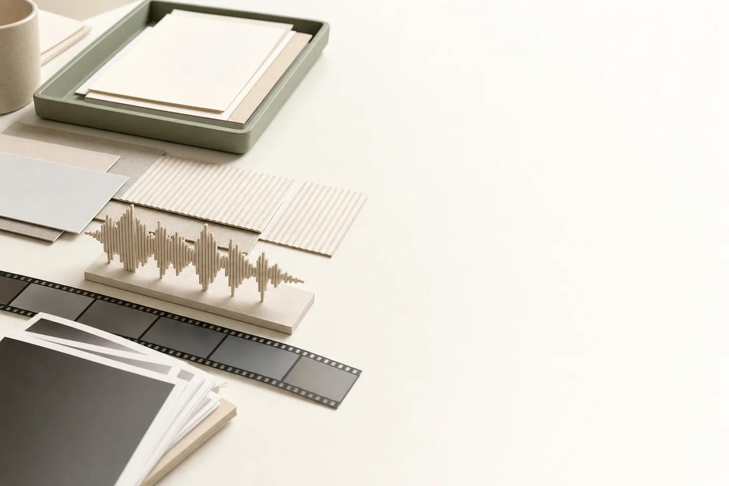 A green tray of blank cards, a carved audio waveform, a film strip and photo prints on a cream desk with open space.