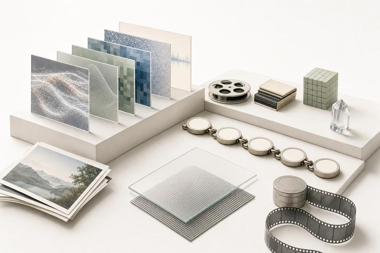 Layered image panels from smooth to pixelated, a film reel, a film strip, photo prints and a chain of discs on stepped white plinths.
