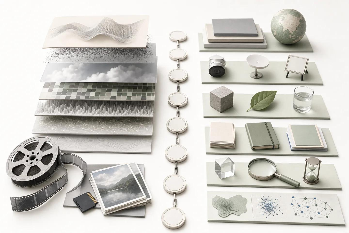 Editorial still life representing several evidence streams combined into one assessment.