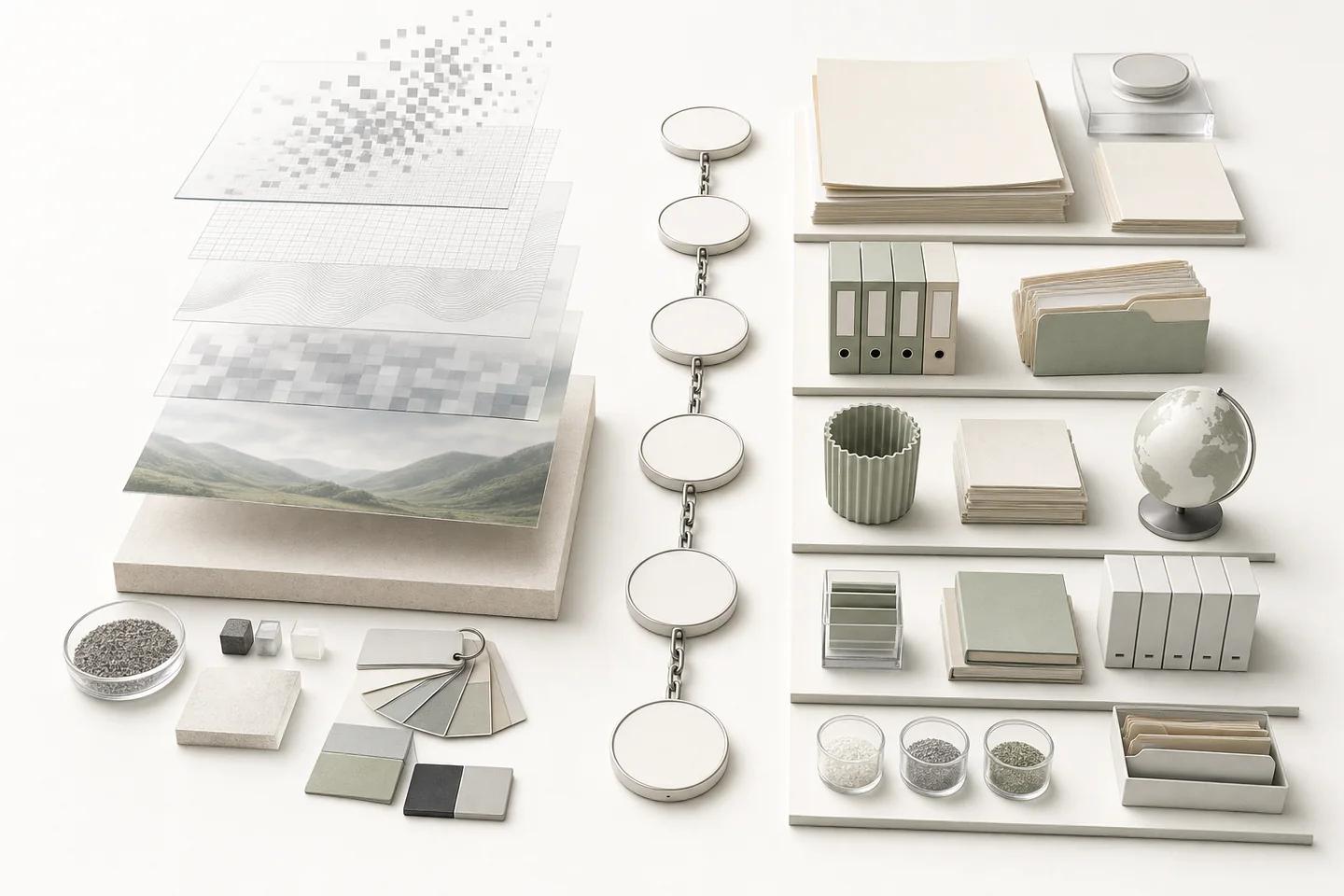 Layered translucent sheets over a landscape print sit beside a chain of round tags and shelves of filed records.