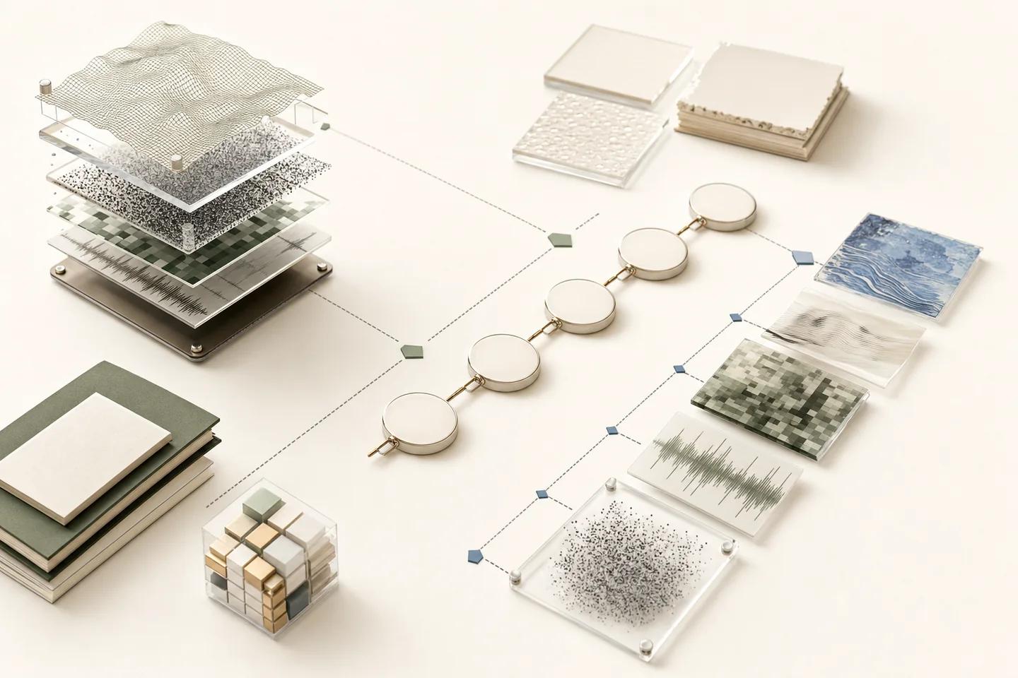 Layered translucent panels of mesh, noise and pixel grids linked by a chain of round tokens to separate texture, waveform and noise samples.