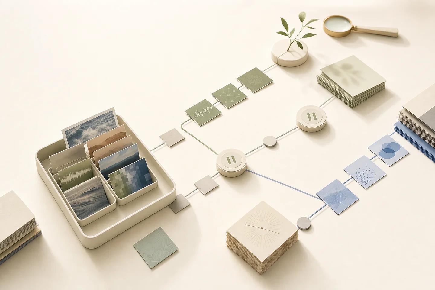 Light enterprise still life for deepfake attack types: what-related verification objects on a white surface, no people.