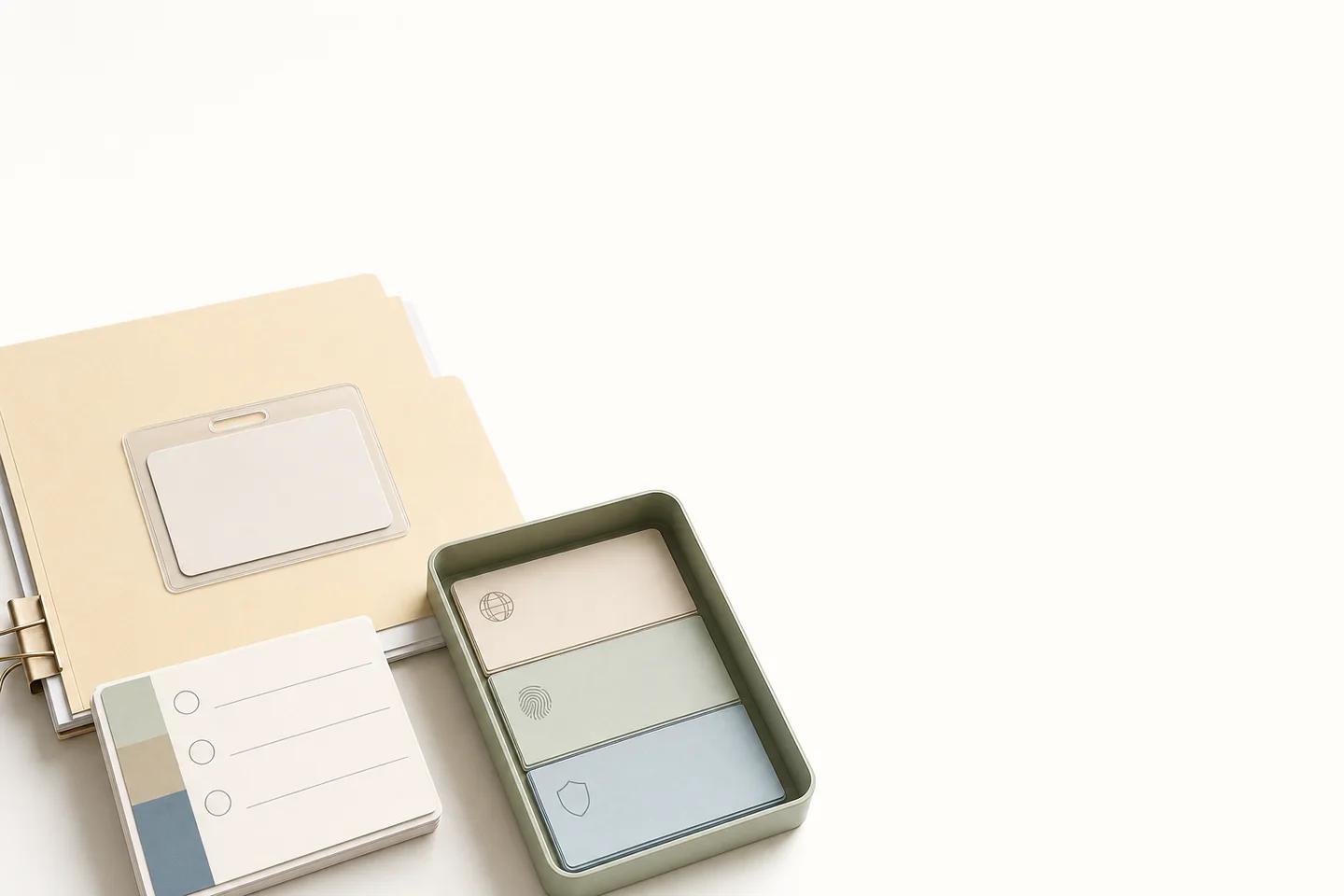 Blank ID badge clipped to a manila folder beside a checklist card and a tray of tiles marked with globe, fingerprint and shield icons.