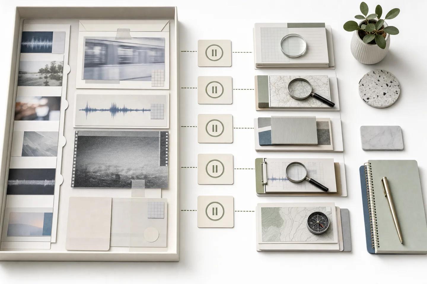 A tray of image, audio and video samples connected by dotted lines to pause cards and inspection tools such as a magnifier and compass.