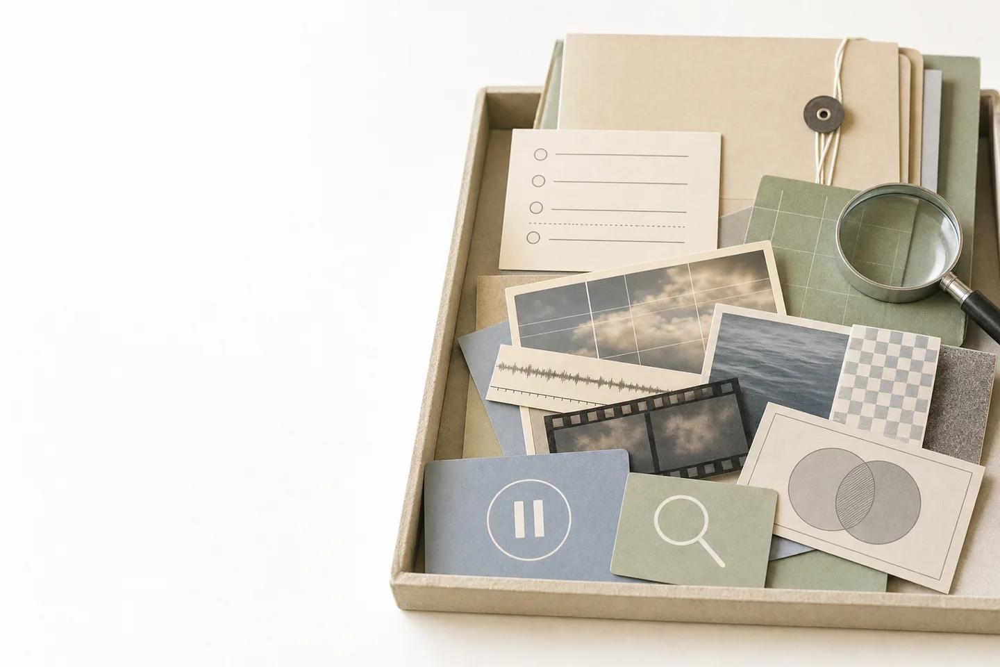 A tray holding a checklist card, photo prints, a waveform strip, film negatives, pause and search cards and a magnifying glass.