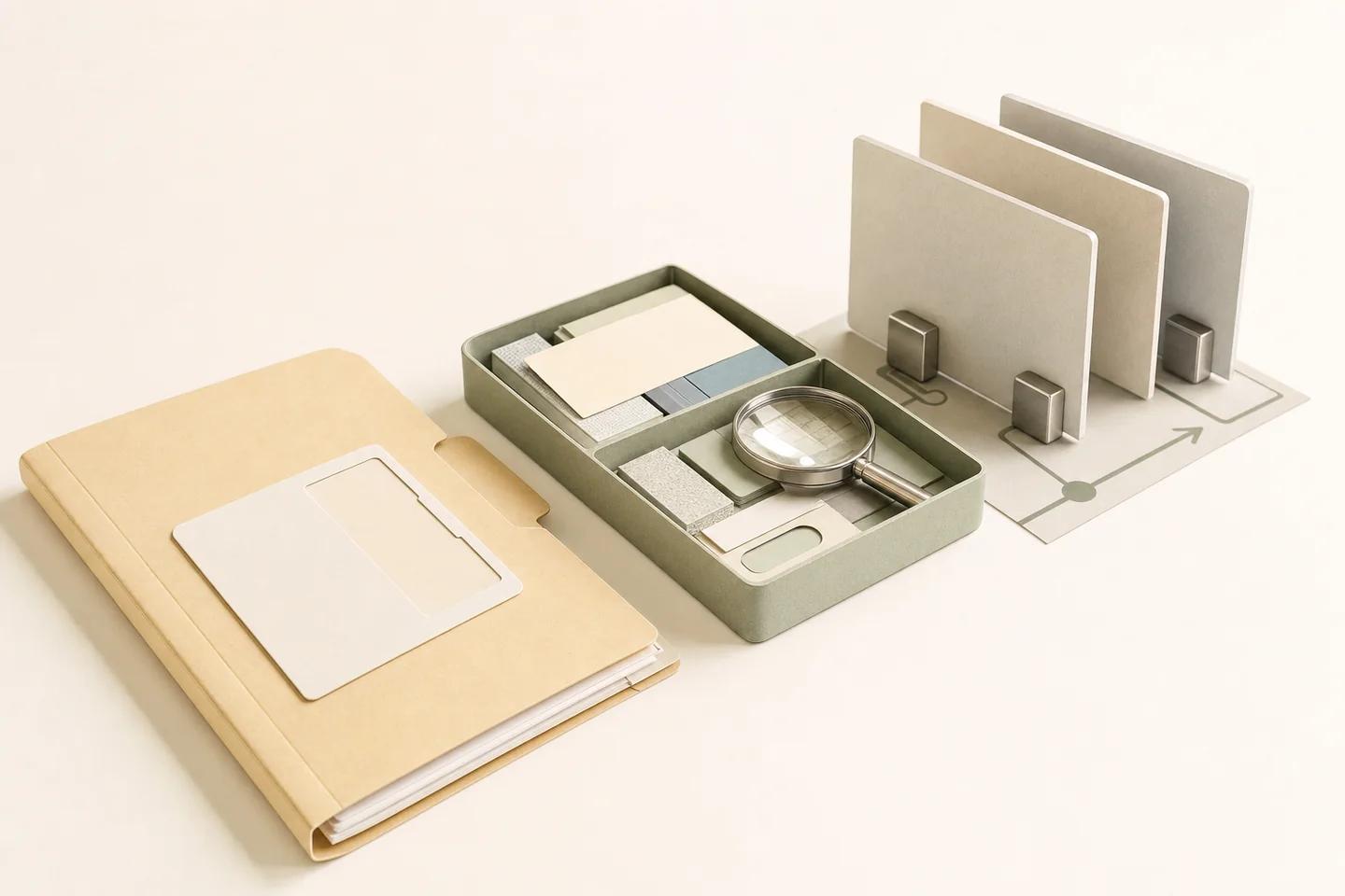 A manila folder, a small tray with a magnifier and upright cards connected by a thin line.