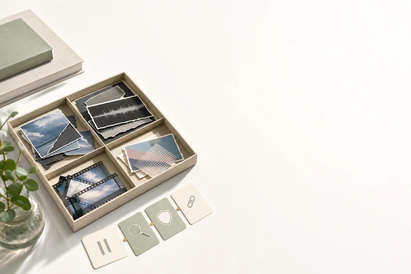 A compartment box of image prints and a waveform card with small pause and check tiles in front.