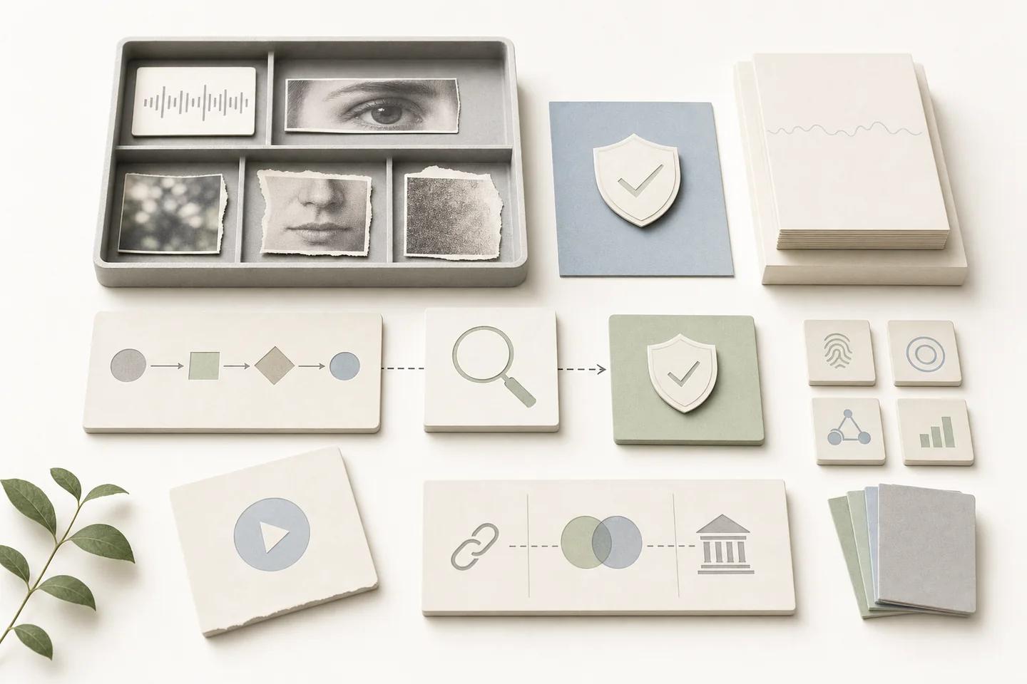 A tray of face, eye and audio sample tiles beside a flow diagram, a magnifier and shield icons.