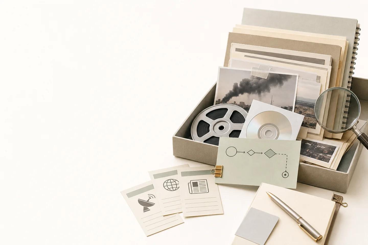 An archive box of photos showing smoke over a city, a film reel and a disc, with a magnifying glass and source cards marked satellite, globe and news.