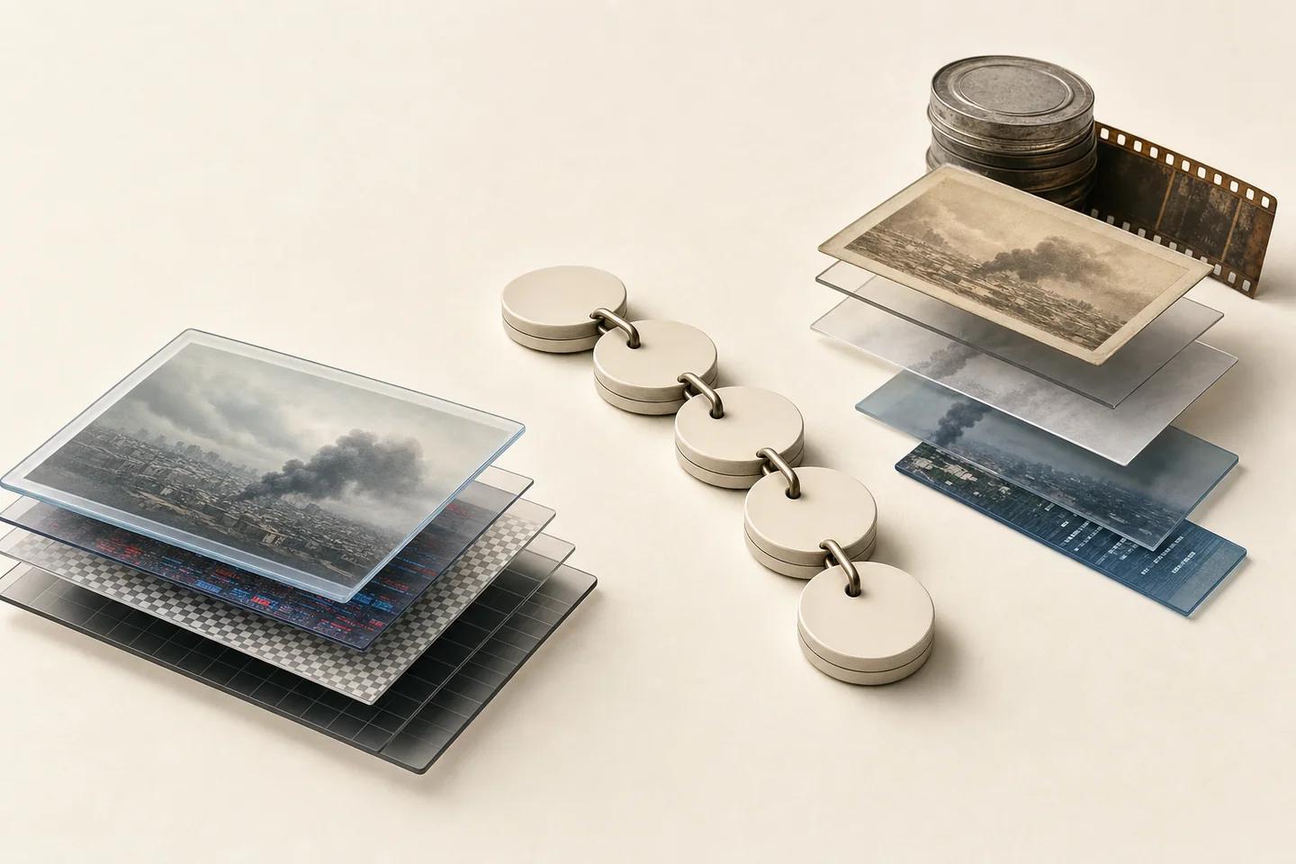 Layered glass prints of a city with a smoke plume beside an older sepia print of a similar scene and a chain of discs.