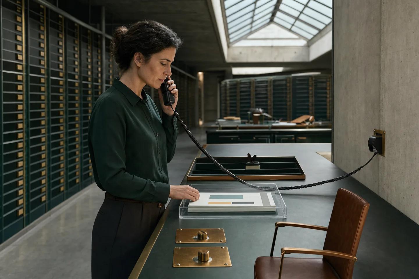An accounts payable professional checks a payment-change tray against a separate registry and callback line.