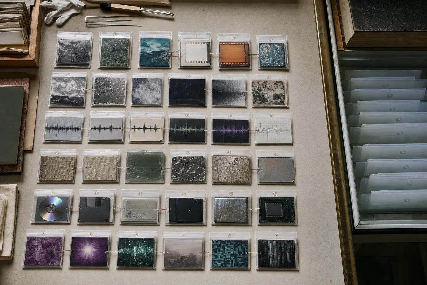 Varied sealed media specimens form purposeful strata while a held-out collection remains isolated behind a custody boundary.
