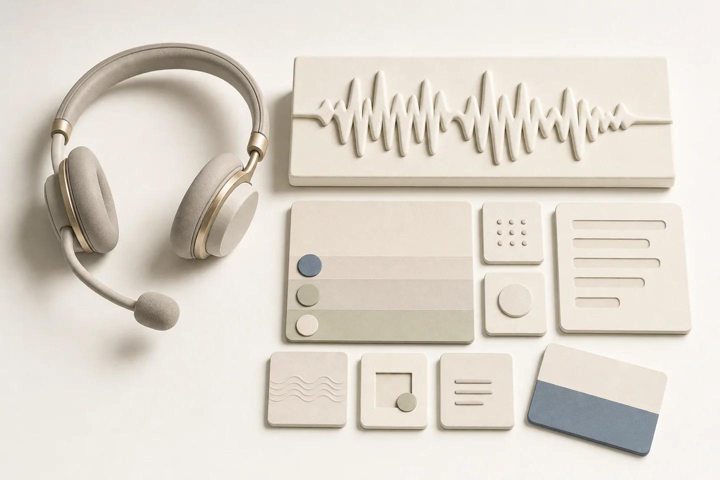 Light enterprise still life for best voice deepfake detection api for contact centers: what-related verification objects on a white surface, no people.