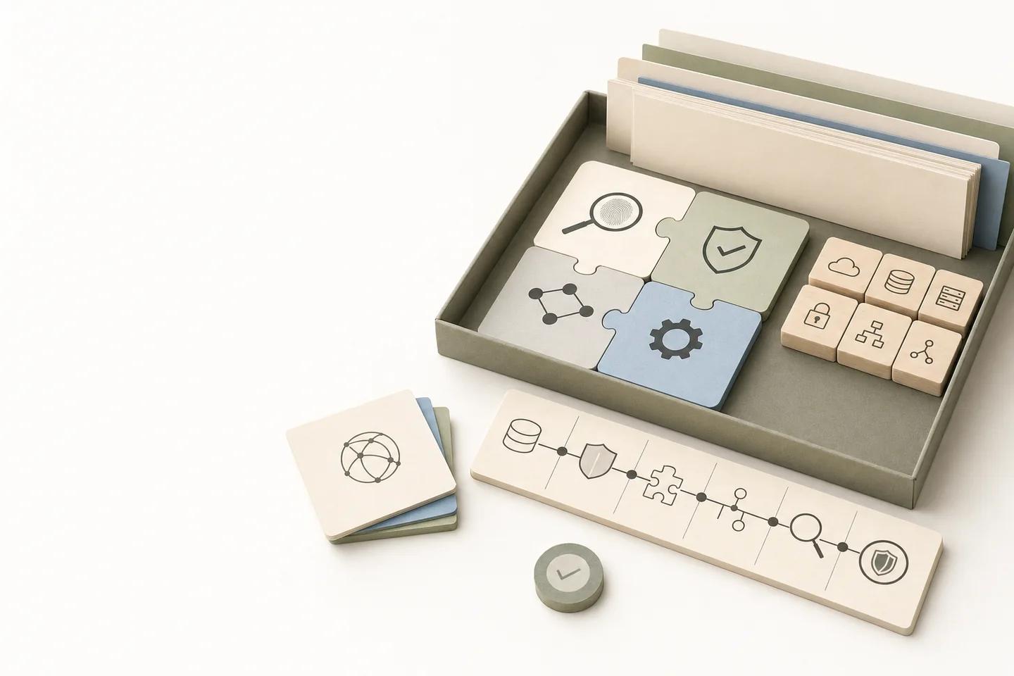 Puzzle tiles and icon blocks in a tray beside a strip that runs from data storage through security, integration, review and approval.