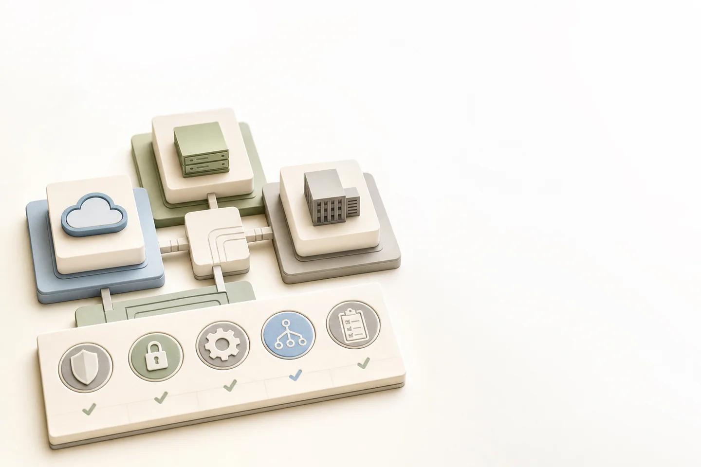Cloud, server and office building blocks joined by connectors above a row of ticked security, lock, settings, network and checklist icons.