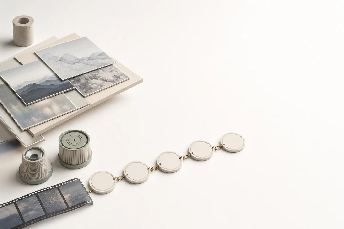Layered image prints, a film strip and a loupe arranged beside a chain of blank linked discs on a white surface.