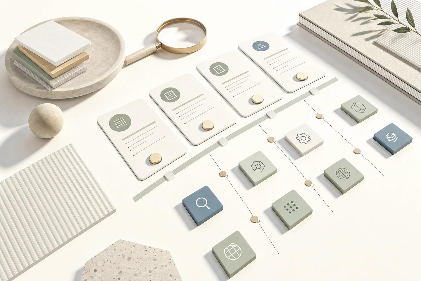 Four cards on a rail above a grid of tiles with icons for search, settings, layers and a globe, next to a magnifying glass.