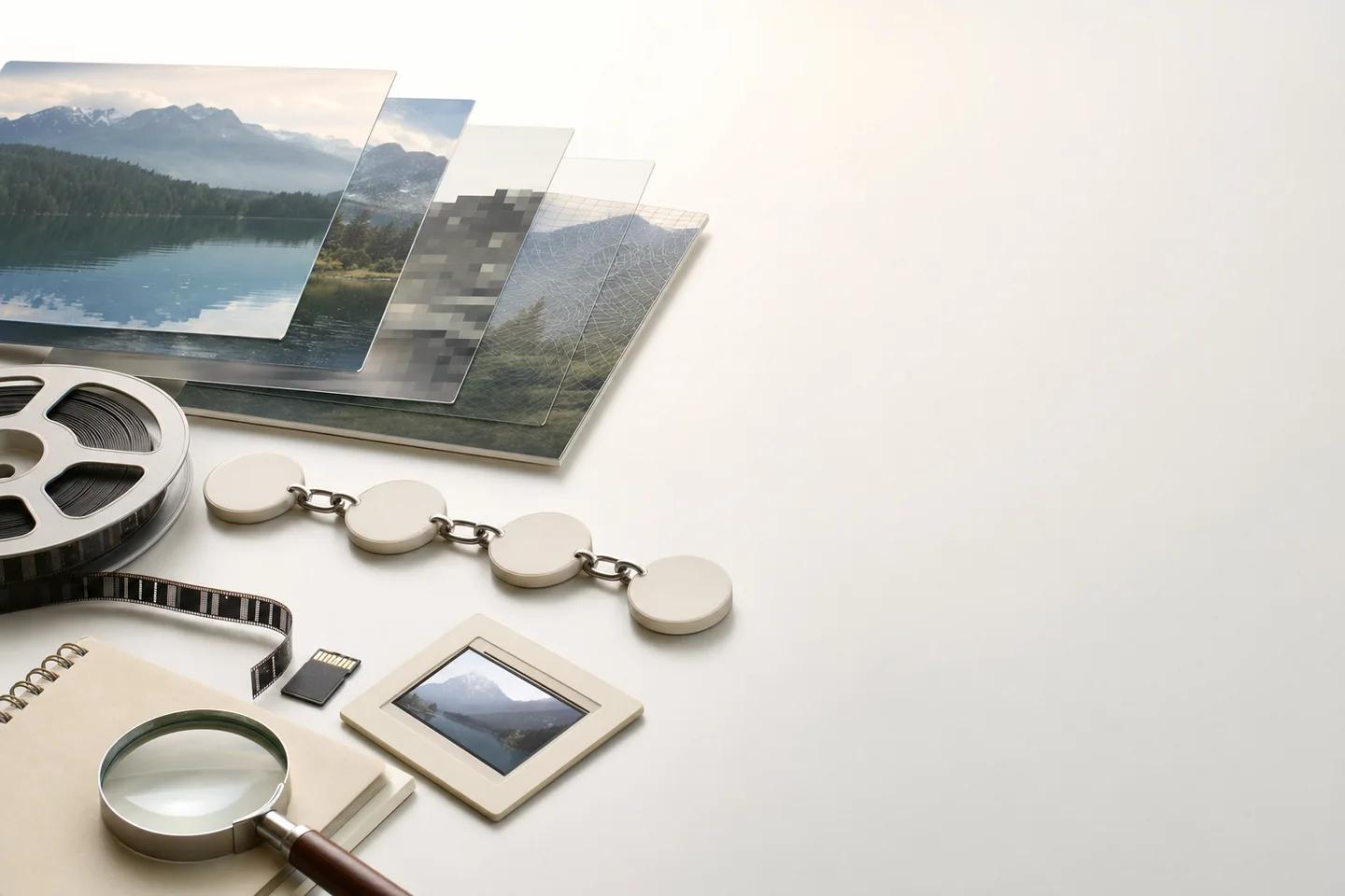 Layered landscape photo panels shifting from sharp to pixelated to a traced grid, beside a film reel, memory card, slide, chain of discs and magnifier.
