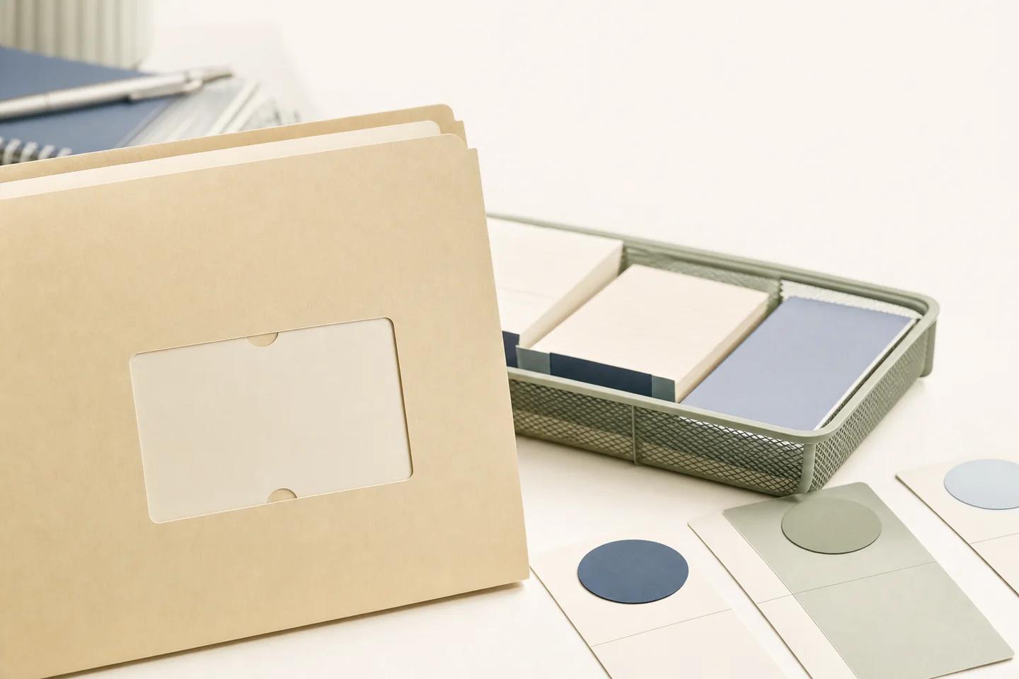 A manila case folder with a blank window label stands beside a wire tray of index cards and colour swatch cards on a desk.