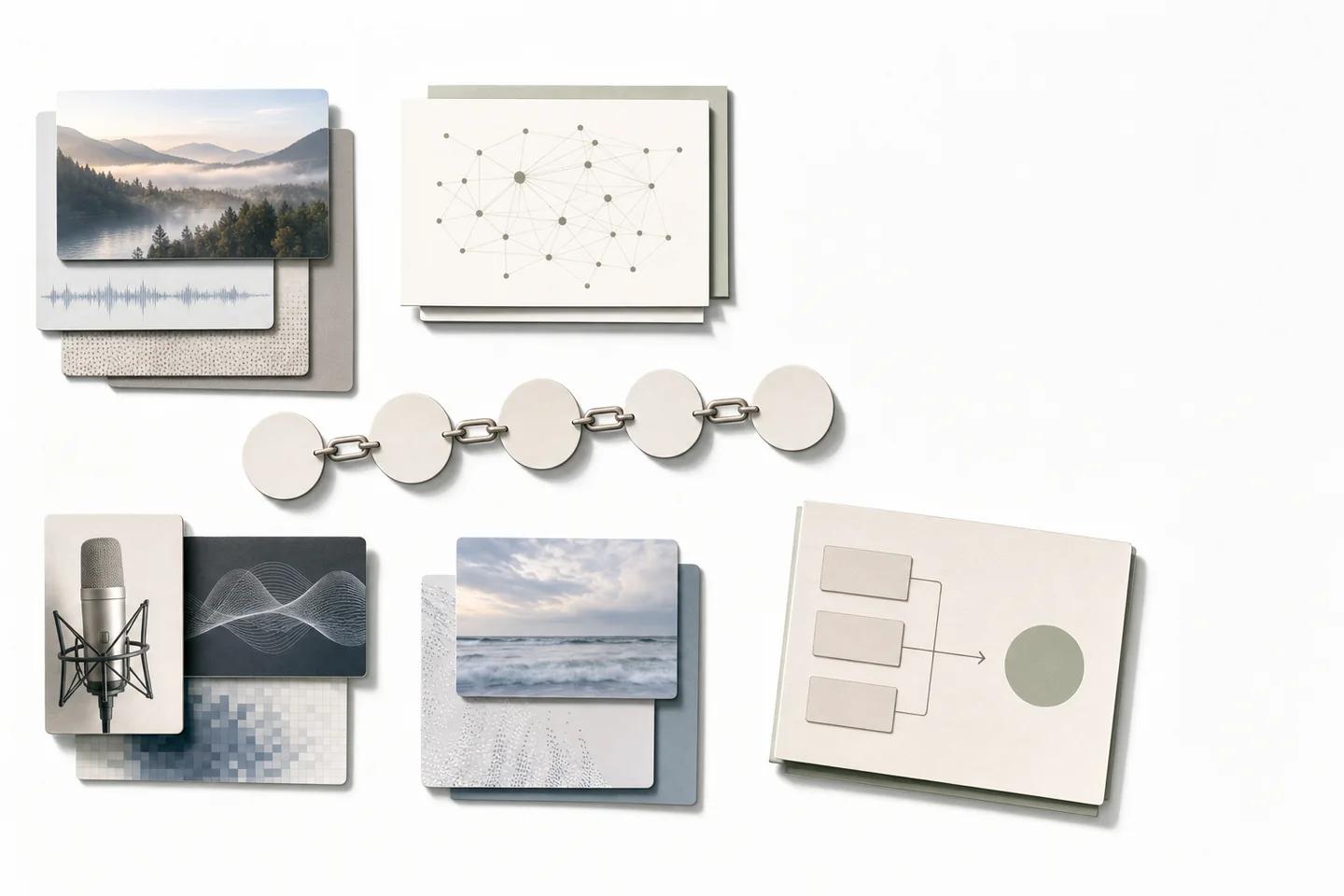 Image, audio, network and microphone cards laid out on white, joined by a chain of discs leading to a simple flow diagram.