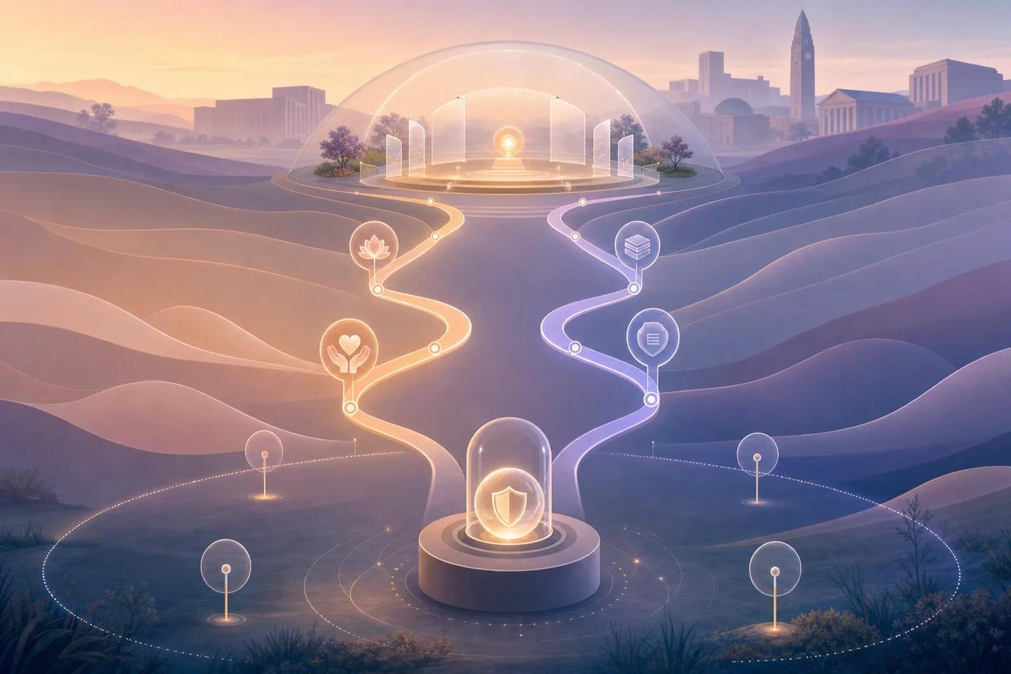 An abstract campus landscape branches from preserved reporting into safeguarding, support, privacy-aware review, notice, correction, and appeal.