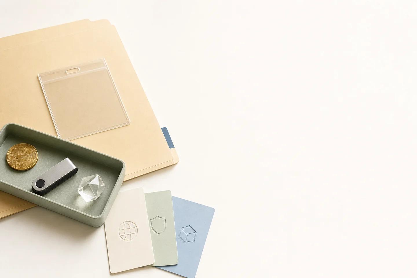 Light enterprise still life for deepfake detection for crypto and digital assets: how-related verification objects on a white surface, no people.