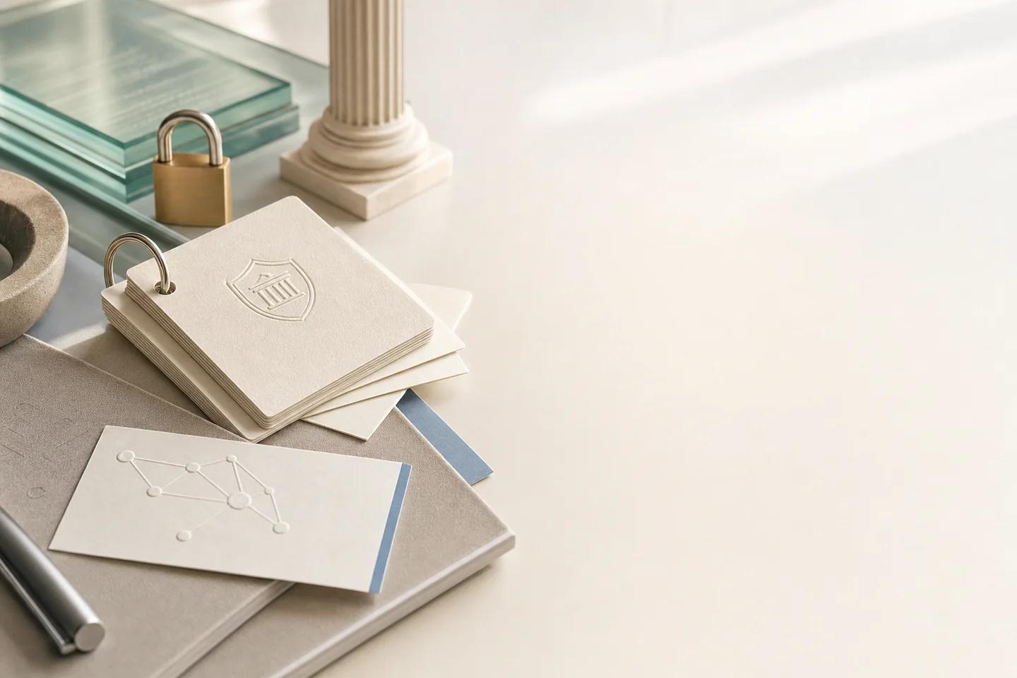 Ring-bound cards embossed with a civic building crest and a network diagram, beside a brass padlock, glass panels and a small stone column.