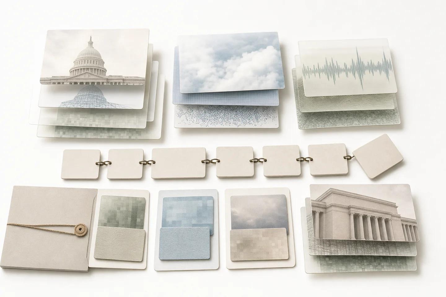 Image cards of a domed government building and a colonnaded facade fading into pixel blocks, beside an audio waveform card and a chain of linked tiles.