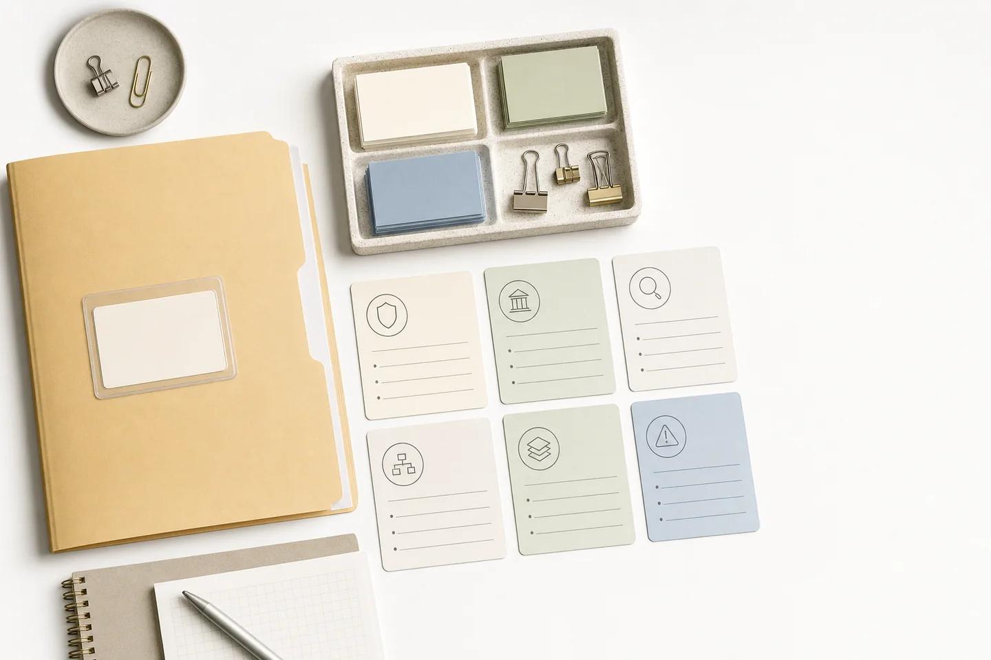 Flat lay of a folder and six cards marked with shield, bank, search, network, layers and warning icons, arranged like a control checklist.