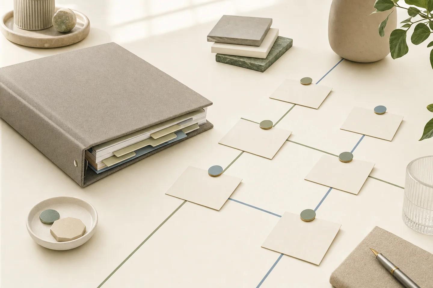 A tabbed binder beside square cards joined by thin lines into a branching chart on a light desk.