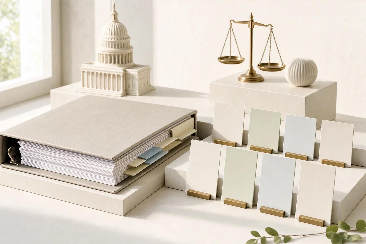 Still life of verification objects on a white surface, representing the legislative record of the DEFIANCE Act.