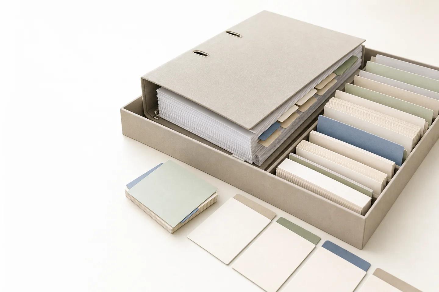 A grey archive box of filed case folders with colour-coded index cards laid in front of it.